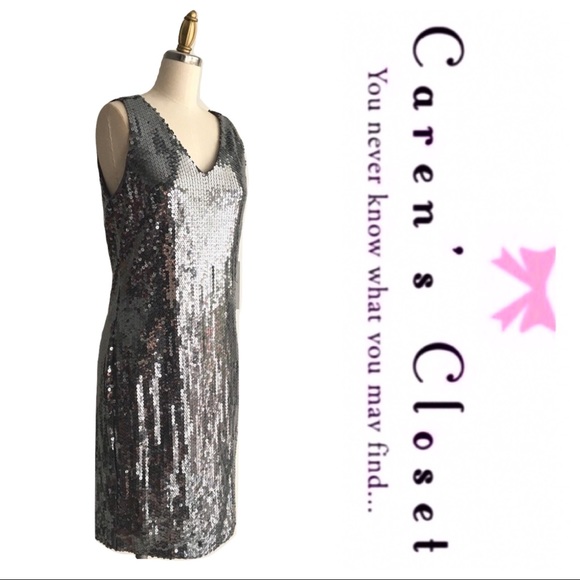NWT Carmen Marc Valvo Silver Sequin Cocktail Dress - Picture 2 of 7